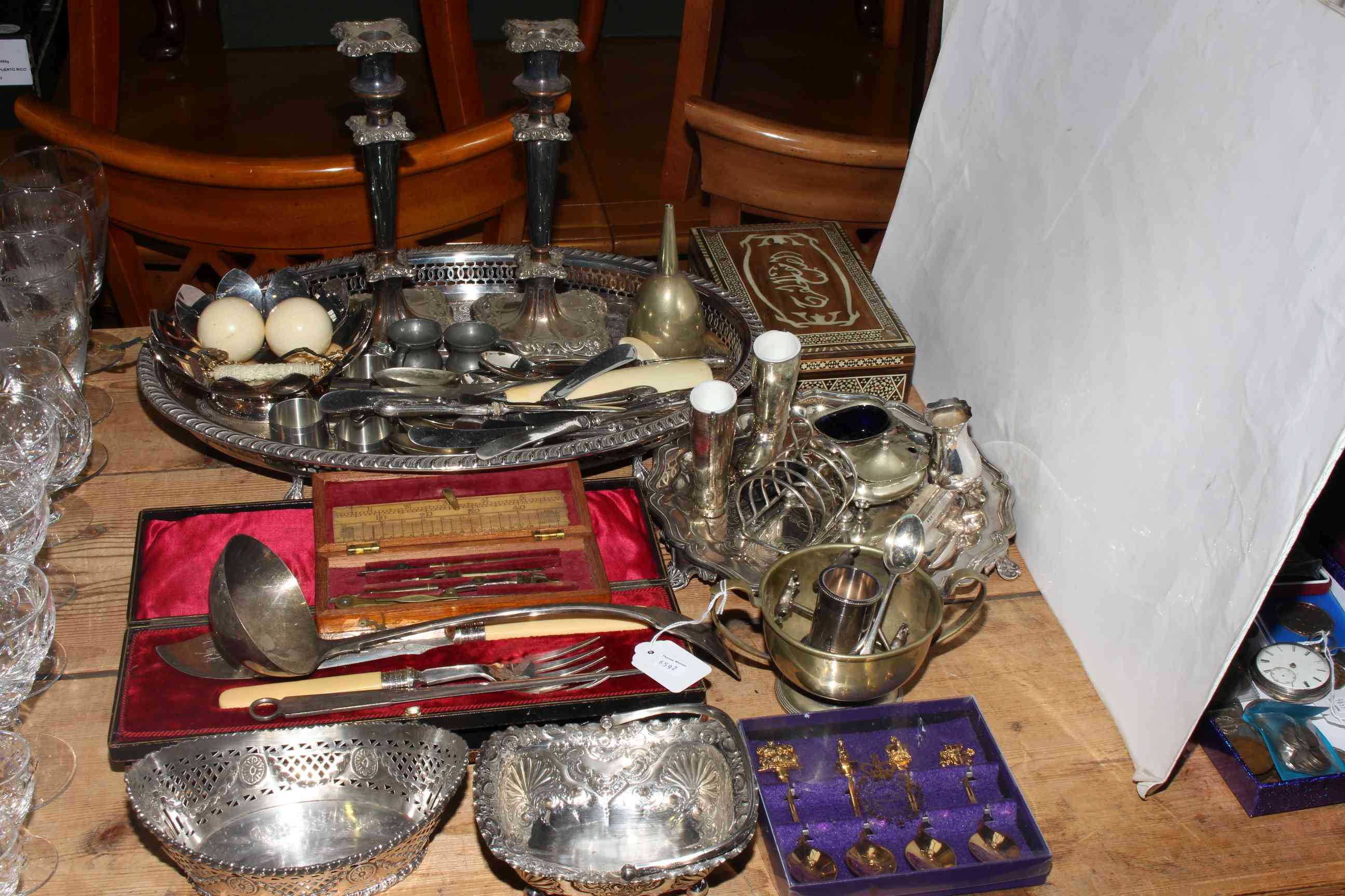 Collection of silver plated wares, inlaid box, drawing instruments, etc.