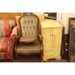 Open armchair and matching footstool and painted two drawer cupboard (3).