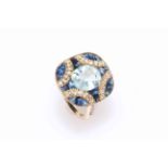 14 carat yellow gold aquamarine, sapphire and diamond ring featuring one oval cut aquamarine,