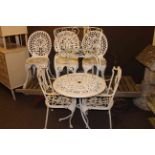 Circular patio table, six various patio chairs, hardwood adjustable lounger and folding lounger (9).