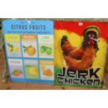 Two signs; Jerk Chicken and Citrus Fruits.