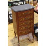 Continental inlaid marble topped five drawer serpentine front chest, 84.5cm by 49cm.