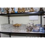 Assorted glassware, plated ware, Wedgwood blue Jasperware, blue and white china, etc.