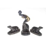 Art Deco style lady figure and two cast fireside dogs (3).