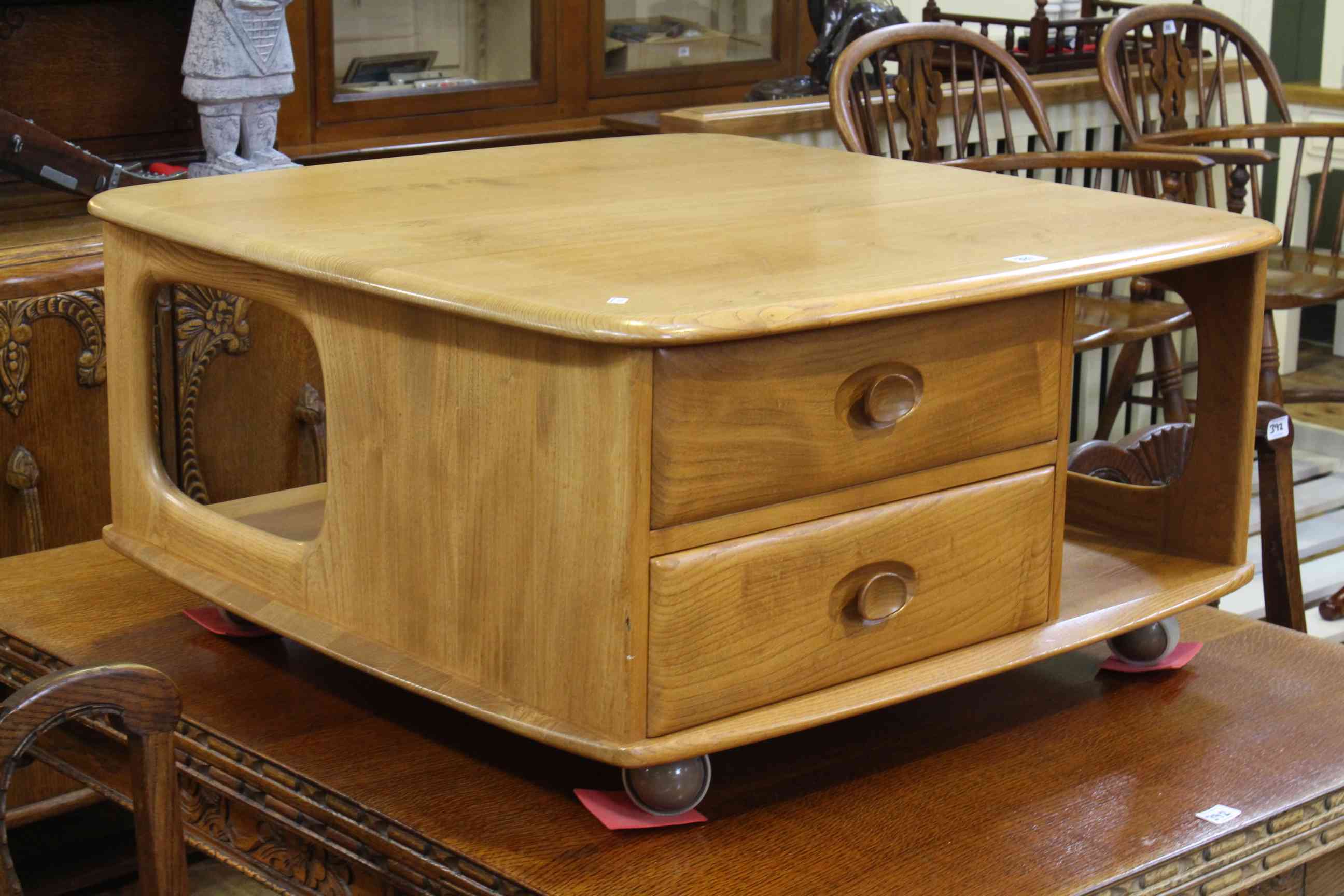 Ercol Windsor two drawer storage coffee table, 40cm by 80cm.