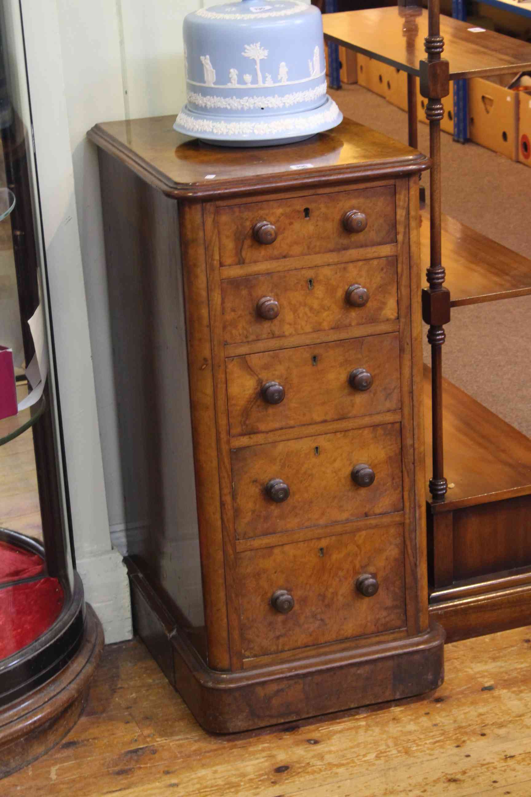 Slim Victorian burr walnut five drawer pedestal chest, 91cm by 42cm.