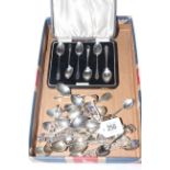 Cased set of silver coffee spoons, together with souvenir spoons, some silver.