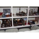 Assorted mantel clocks, wall clock, vintage telephone, skin evening bags, candlesticks, pictures,