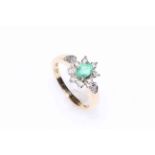 9 carat gold, emerald and diamond ring, size P.