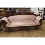Regency mahogany and ebony inlaid double scroll end settee, 100cm by 240cm.