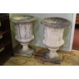 Large pair weathered campana style pedestal garden urns, 92cm tall by 63cm diameter.
