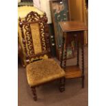 Victorian carved hall chair, oak barley twist plant stand and two open wall racks (4).