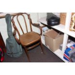 Bentwood armchair, guitar, ornaments, snuff boxes, badges, etc.