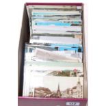Box of printed and real photographic tram and train postcards including some very nice