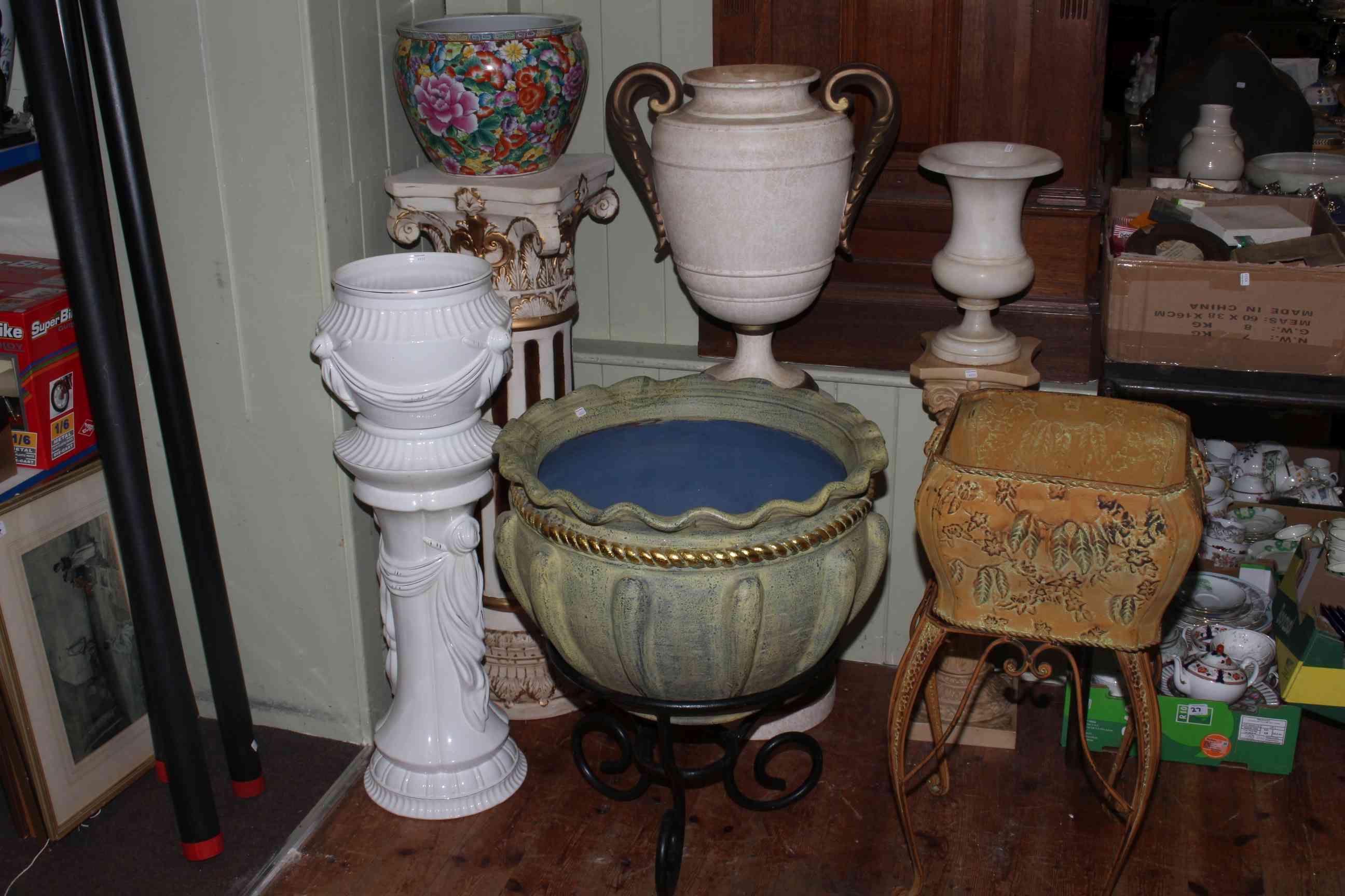 Collection of six various jardinieres and stands.