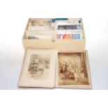Box of postcards and albumen photographs including Gruss Aus, military, embroidered silks,