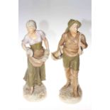 Pair large Royal Dux pastoral figures, 46cm, both repaired.