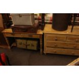 Pine four drawer chest, two drawer washstand, carved oak side table and hardwood bureau (4).