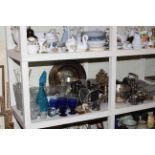 Quantity of silver plated ware, brass desk stand, glassware, vintage ski boots, chenille cloth, etc.