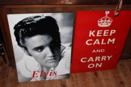 Two signs; Elvis and Keep Calm and Carry On.