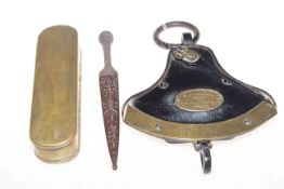 Brass tobacco box, scale and small dagger (3).