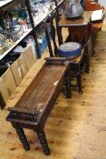 Mahogany window seat, oak chair, Victorian beadwork footstool and oak magazine table.