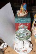 Wedgwood and Royal Albert collectors plates, Nao monkey figurines and Walt Disney ornament.