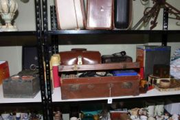 Shelf lot including gramophone, leather cases, cameras, advertising tins, dominoes, treen, cutlery.