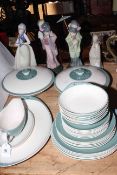 Royal Doulton Spindrift part dinner set, three Lladro and one Nao figurine.