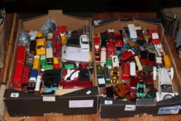 Two boxes of Diecast toy cars including Corgi and Matchbox.