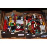 Two boxes of Diecast toy cars including Corgi and Matchbox.