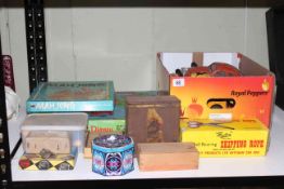 Collection of vintage toys including Dromo car, Mah-Jong, chess, Diecast toy cars.