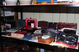 Collection of costume jewellery, jewellery boxes, handbags, scarves.