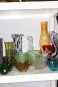 Collection of coloured glass, large vase and prints.