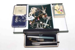 Costume jewellery including silver and three Waterman and Parker pens.