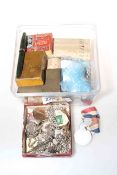 Box of pre-1947 silver coins, pocket watches, medallions, fountain pen tips,