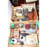 Two boxes of collectables including cameras, watches, cutlery, slides, glass, medical equipment,