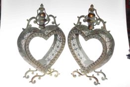 Pair of heart shaped candle lanterns, 47cm.