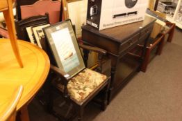 Oak two drawer side table, pair of oak carver chairs and gilt framed shipped scene oil painting.