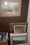 Three various watercolours, gilt framed oil and print.