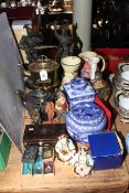 Collection of metalwares, Ringtons, nodding head ornaments, whisky bottle, etc.