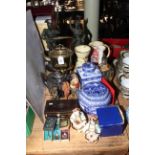 Collection of metalwares, Ringtons, nodding head ornaments, whisky bottle, etc.