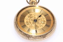 18 carat gold keyless pocket watch, the case profusely engraved, 4cm diameter, cased.