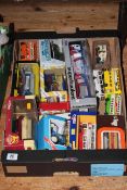 Box of Diecast toy cars including Corgi, Solido, Lima, Tuk Tuk.