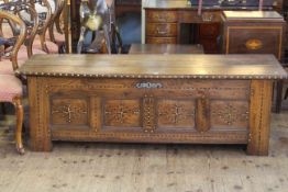 Large antique oak studded and inlaid coffer, 179cm by 56cm.