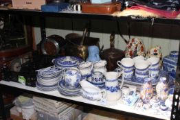 Collection of Willow blue and white, Delft, Masons, Meakin, mantel clock, metal wares, meat plates.