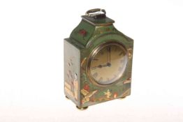 Green chinoiserie mantel clock, 18cm.