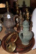 Collection of metalwares including bugle, teapot.