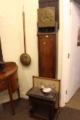 Oak cased longcase clock with brass dial, needlework firescreen and brass and copper warming pan.