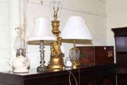 Mahogany and brass bound box, four assorted table lamps, small stool, circular mirror and prints.